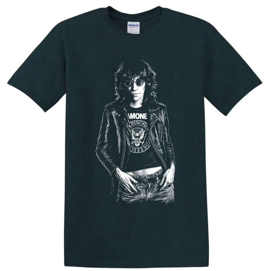 High-contrast black-and-white Joey Ramone punk rock singer portrait with microphone on a Midnight (Green) T Shirt