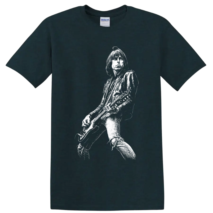 High-contrast Joey Ramone portrait with microphone in vintage punk rock style on a Midnight (Green) T Shirt