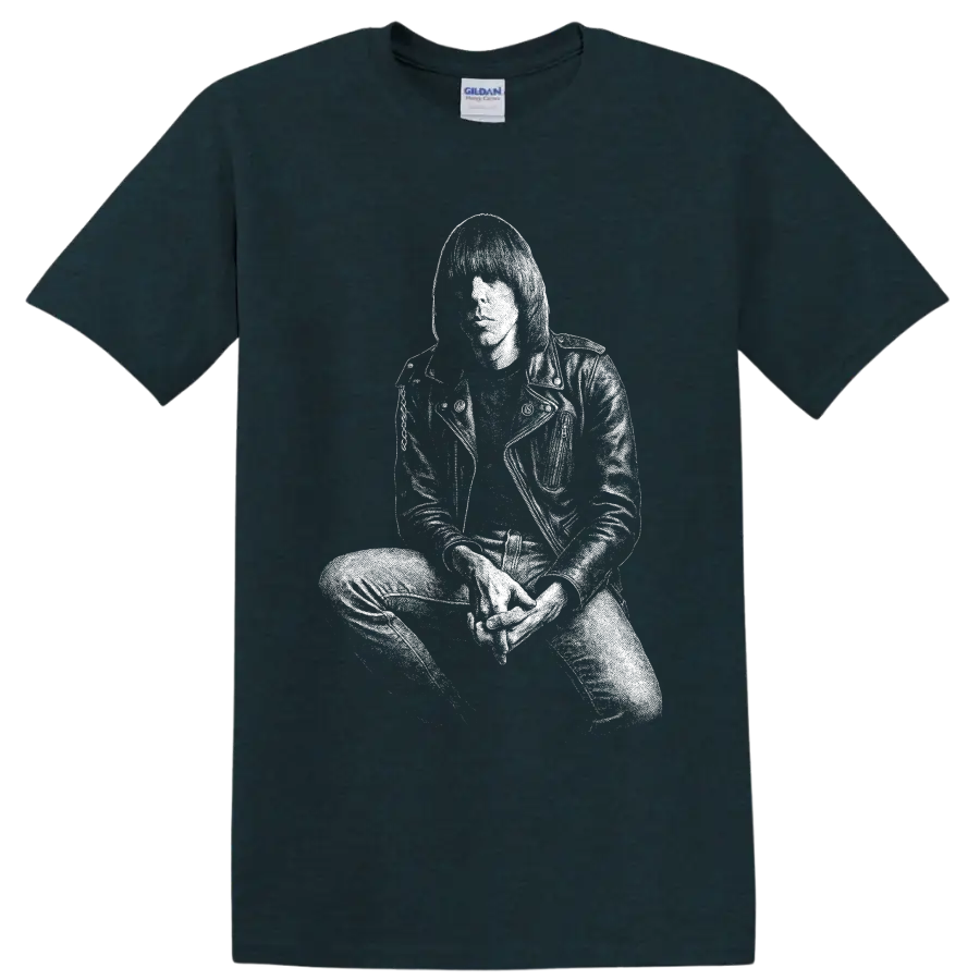 White stencil-style Joey Ramone portrait in sunglasses and leather jacket on a Midnight (Green) T Shirt