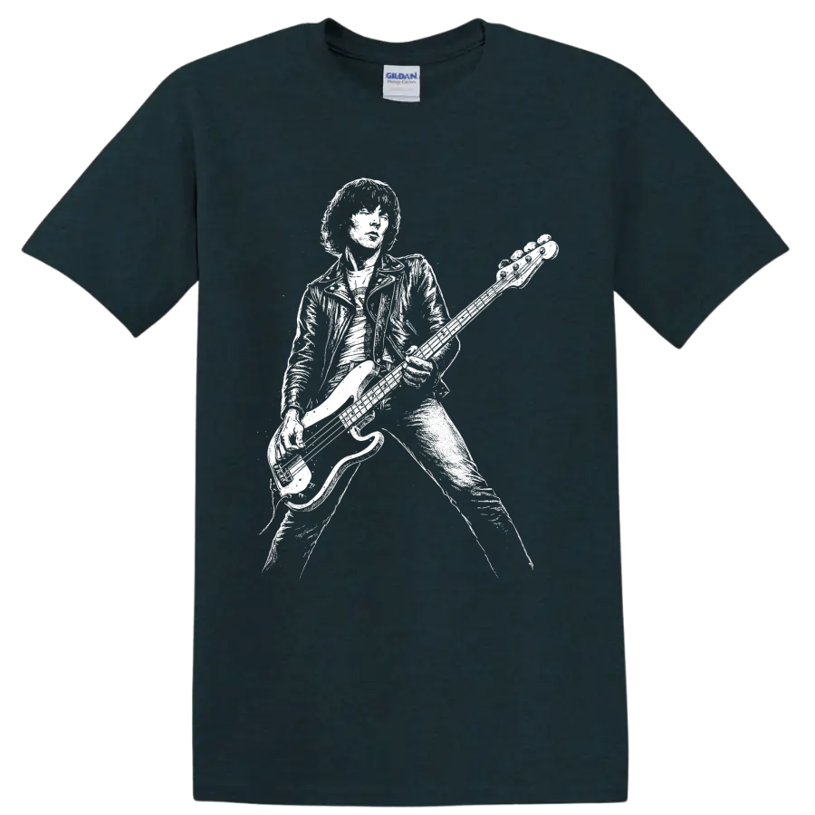 Dee Dee Ramone bass guitarist portrait in stark black-and-white punk style on a Midnight (Green) T Shirt