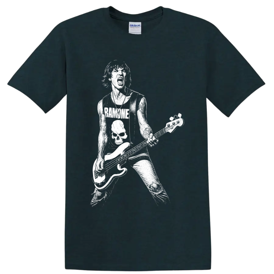 Dee Dee Ramone playing bass in a bold white punk rock silhouette on a Midnight (Green) T Shirt