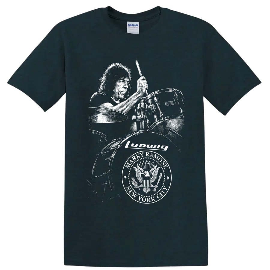 High-contrast Marky Ramone drummer portrait with drum kit in punk rock art on a Midnight (Green) T Shirt