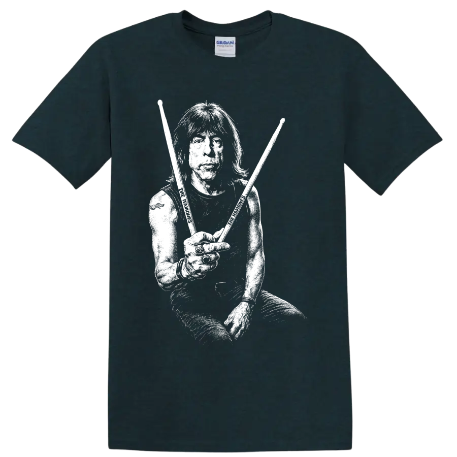 Marky Ramone portrait in stark black-and-white punk rock illustration on a Midnight (Green) T Shirt