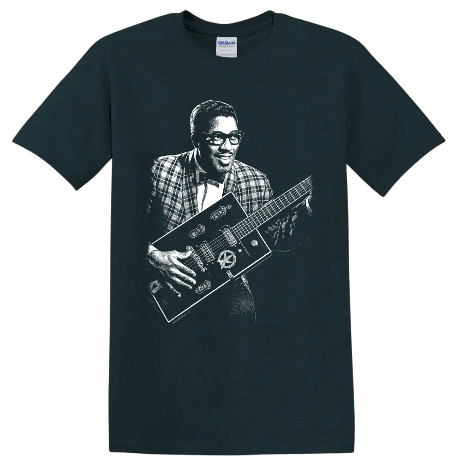 Bo Diddley black-and-white portrait with square guitar in vintage performance style on a Midnight (Green) T Shirt