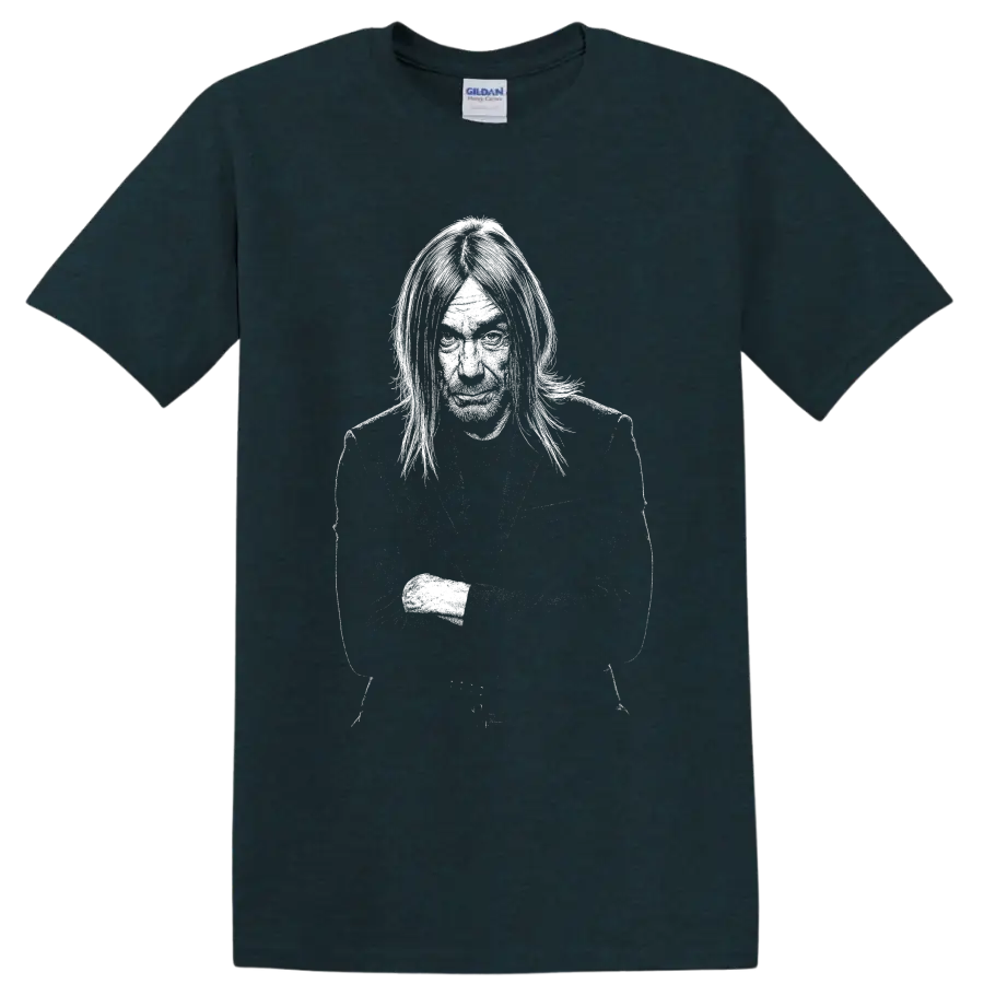 High-contrast Iggy Pop performance portrait graphic with microphone on a Midnight (Green) T Shirt