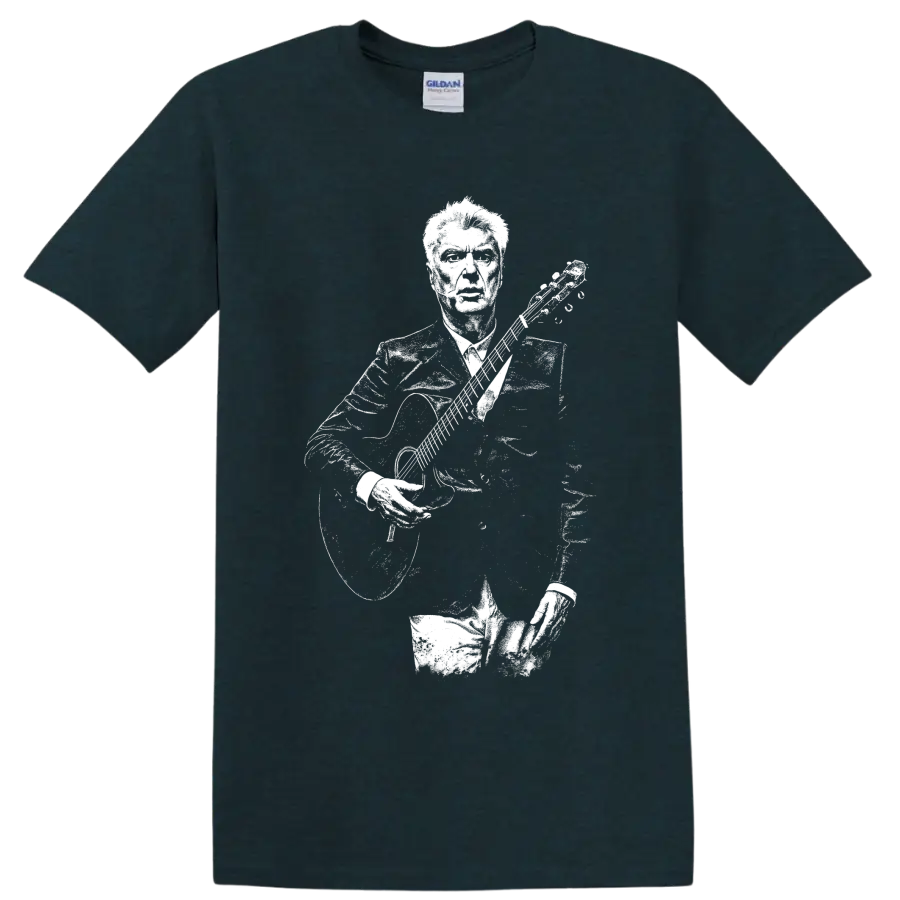 David Byrne with guitar in a high-contrast stencil portrait style on a Midnight (Green) T Shirt