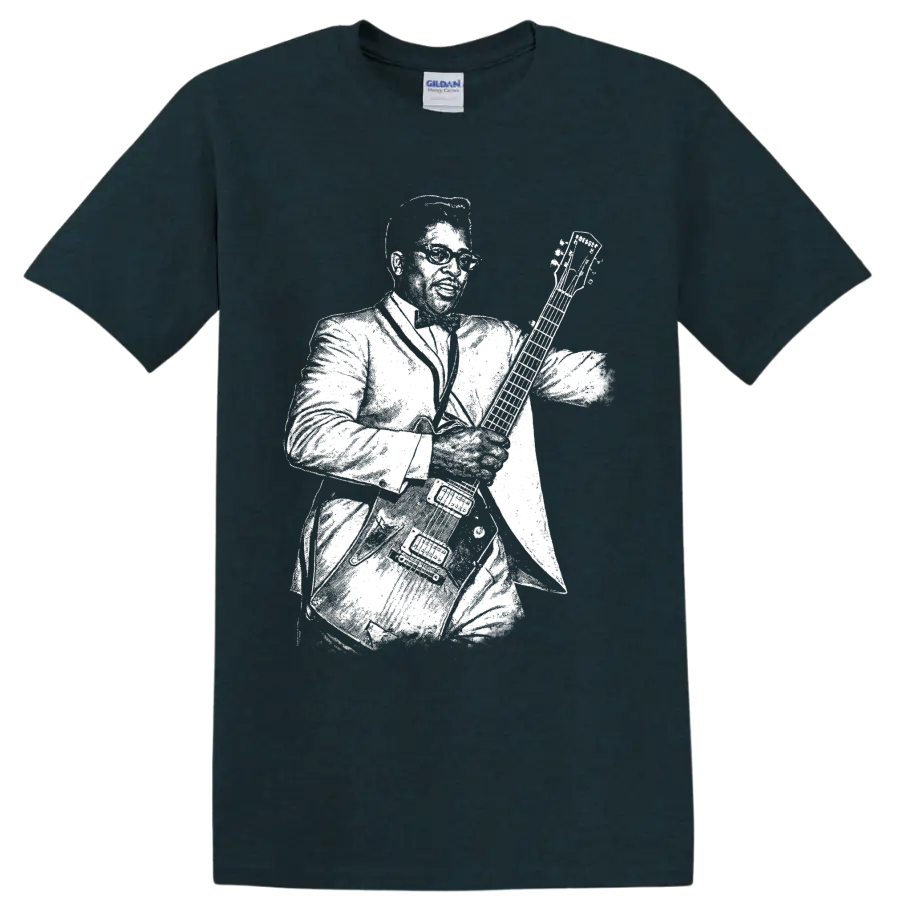Bo Diddley playing guitar in bold white rock and roll silhouette artwork on a Midnight (Green) T Shirt
