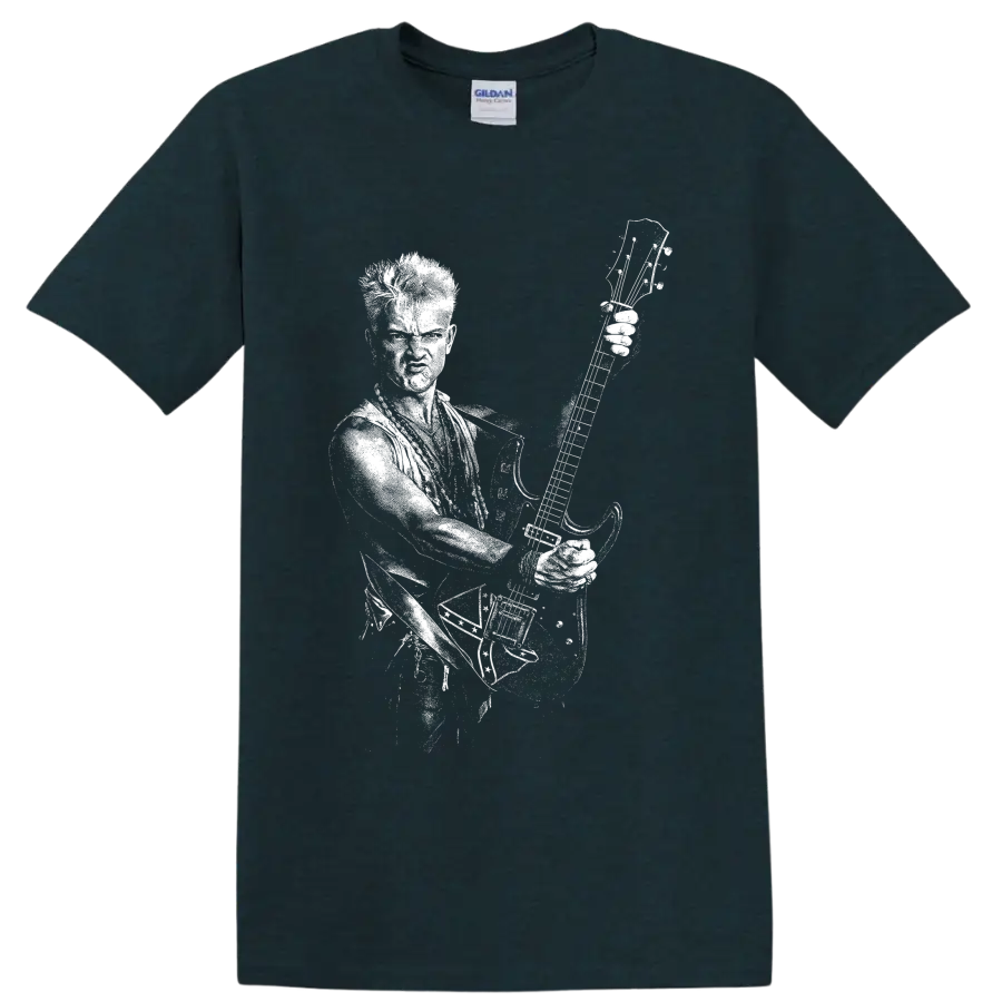 Billy Idol raised fist and microphone punk rock concert portrait graphic on a Midnight (Green) T Shirt