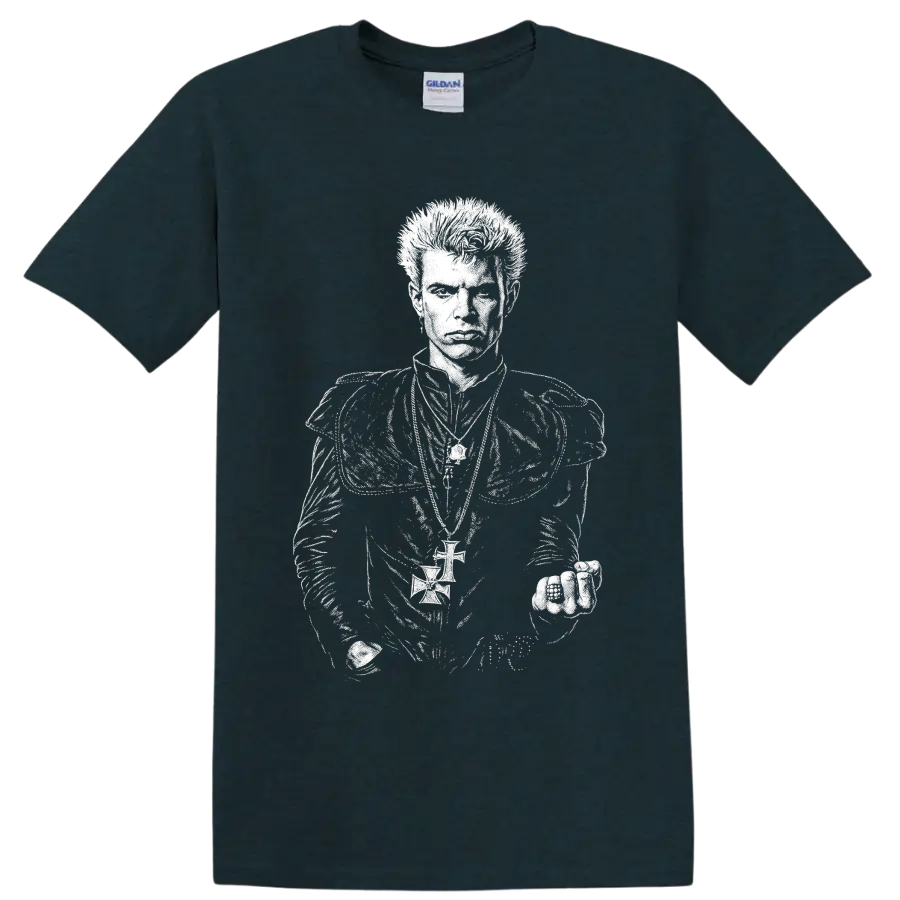 High-contrast Billy Idol portrait in a bold punk rock illustration style on a Midnight (Green) T Shirt