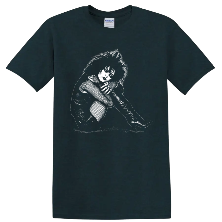 Siouxsie Sioux monochrome portrait singing into microphone in gothic punk style on a Midnight (Green) T Shirt