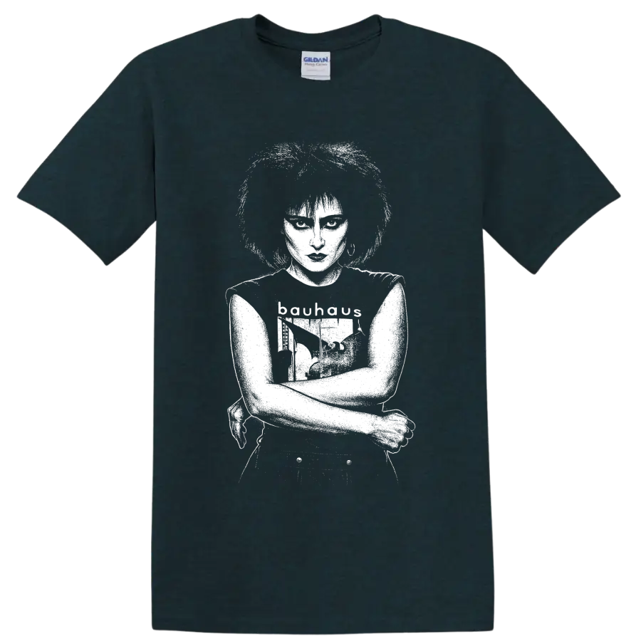 Monochrome Siouxsie Sioux portrait in a bold post-punk music graphic style on a Midnight (Green) T Shirt