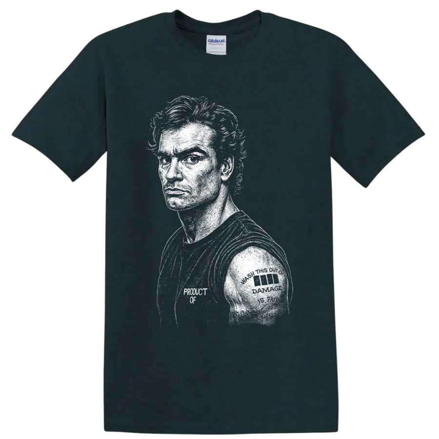 Stark distressed Henry Rollins portrait in Black Flag hardcore punk style on a Midnight (Green) T Shirt