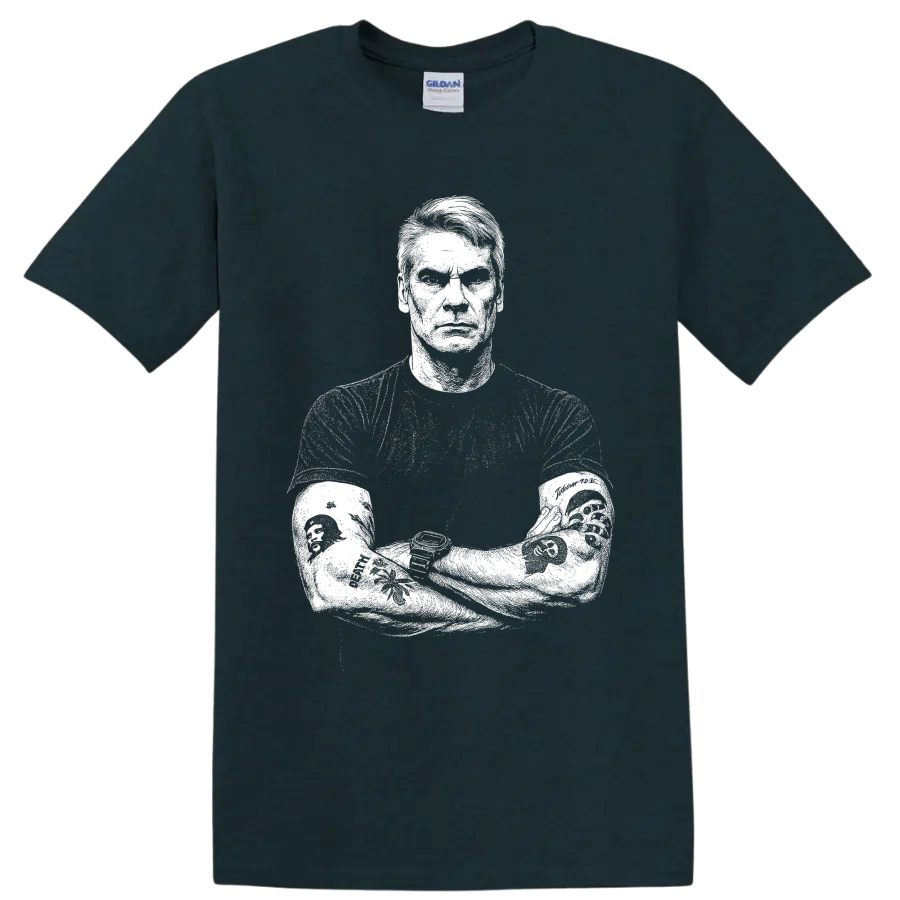 High-contrast black-and-white Henry Rollins Black Flag punk portrait graphic on a Midnight (Green) T Shirt