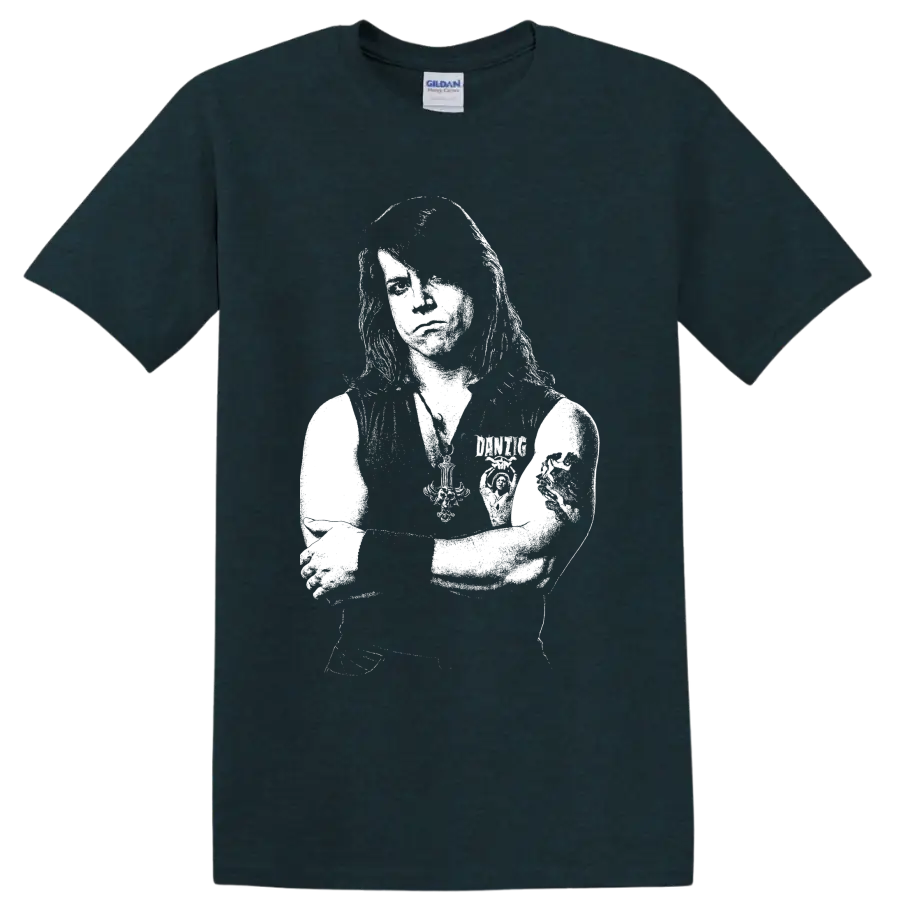 High-contrast Glenn Danzig portrait in stark punk rock graphic style on a Midnight (Green) T Shirt