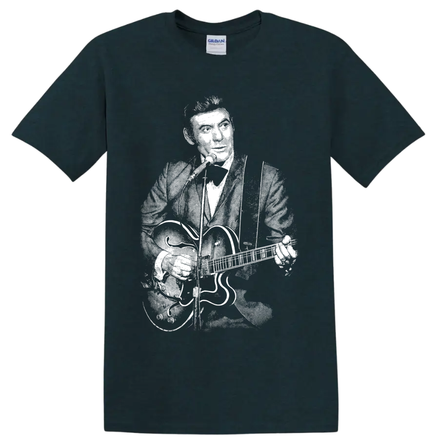 Monochrome Carl Perkins guitarist portrait in vintage rockabilly illustration style on a Midnight (Green) T Shirt