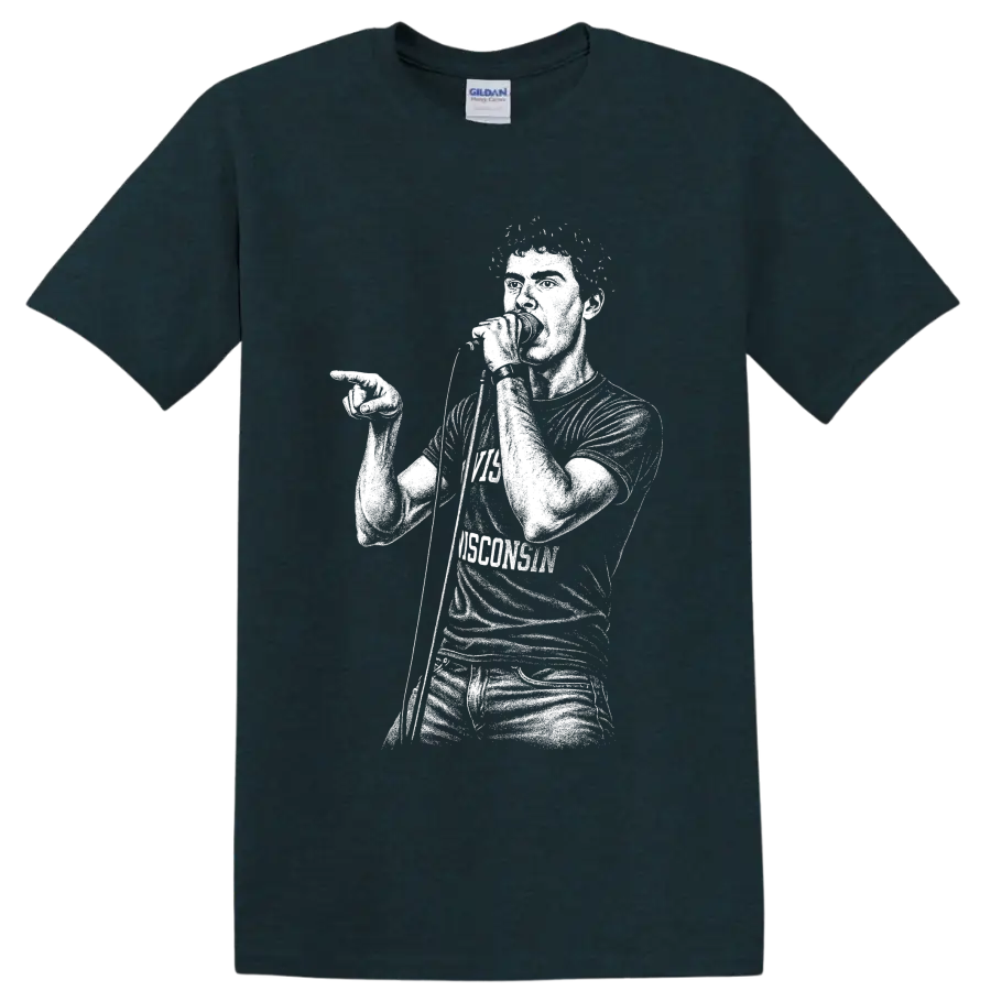 Ian Curtis portrait in stark monochrome post-punk illustration style on a Midnight (Green) T Shirt