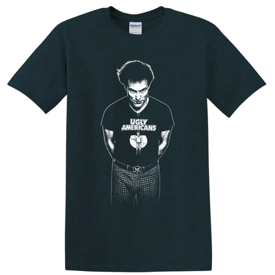 Bob Schneider Ugly Americans guitarist silhouette in bold monochrome graphic style on a Midnight (Green) T Shirt