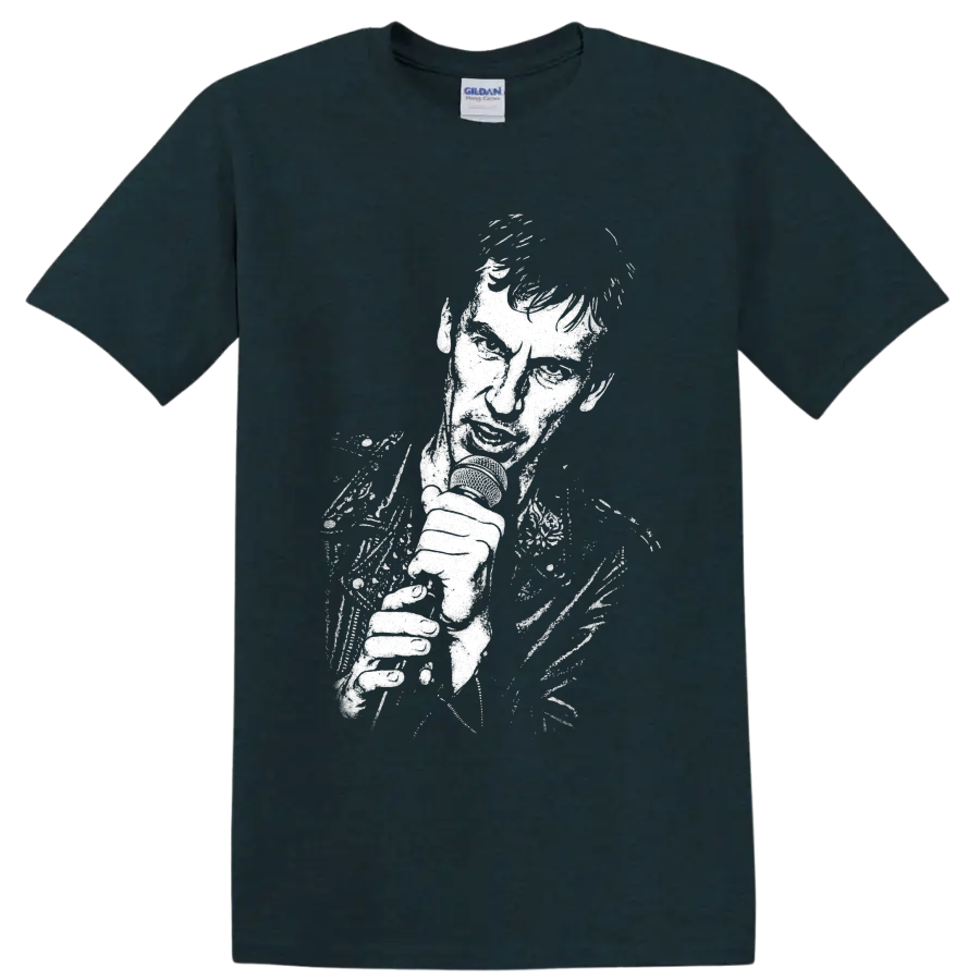 High-contrast Ian McCulloch guitar portrait in distressed post-punk style on a Midnight (Green) T Shirt
