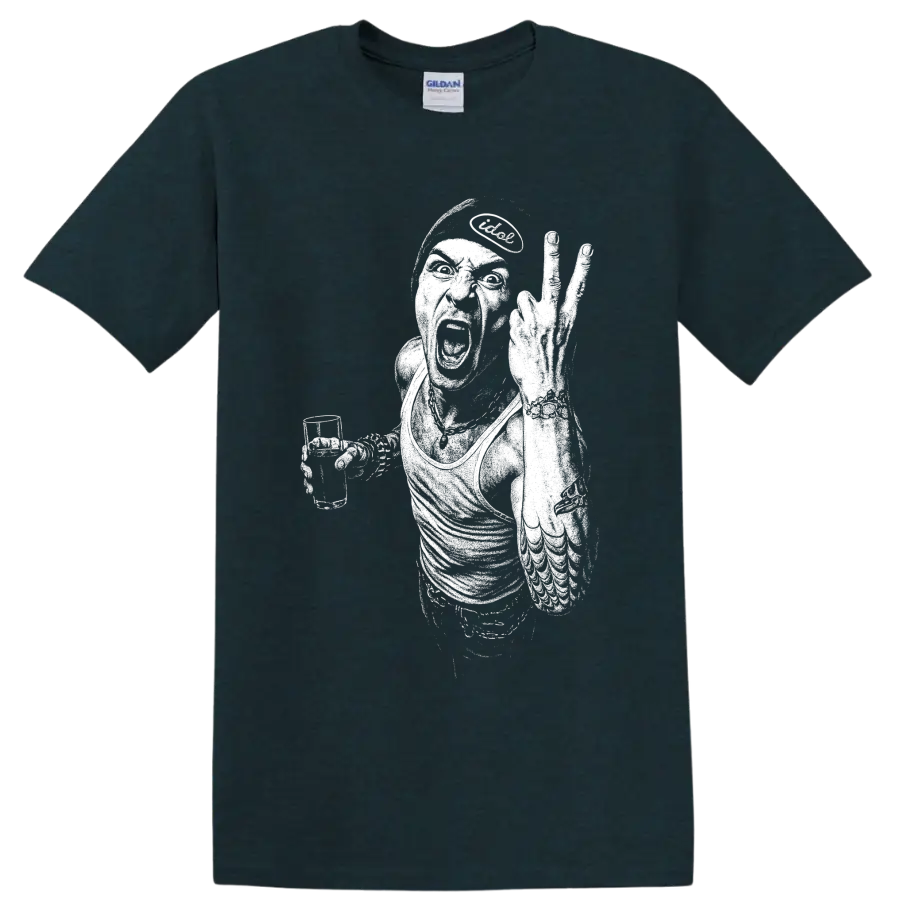 High-contrast Chester Bennington performance portrait with microphone and raised arm on a Midnight (Green) T Shirt