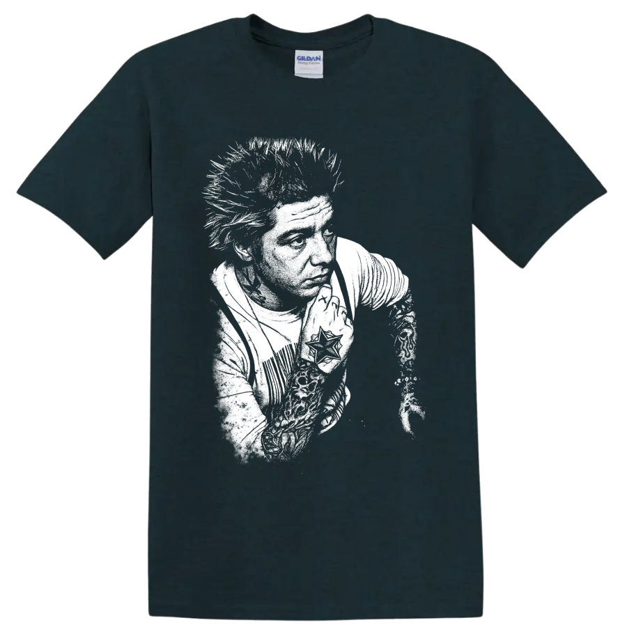 High-contrast Mitch Lucker portrait in a stark black-and-white deathcore graphic style on a Midnight (Green) T Shirt