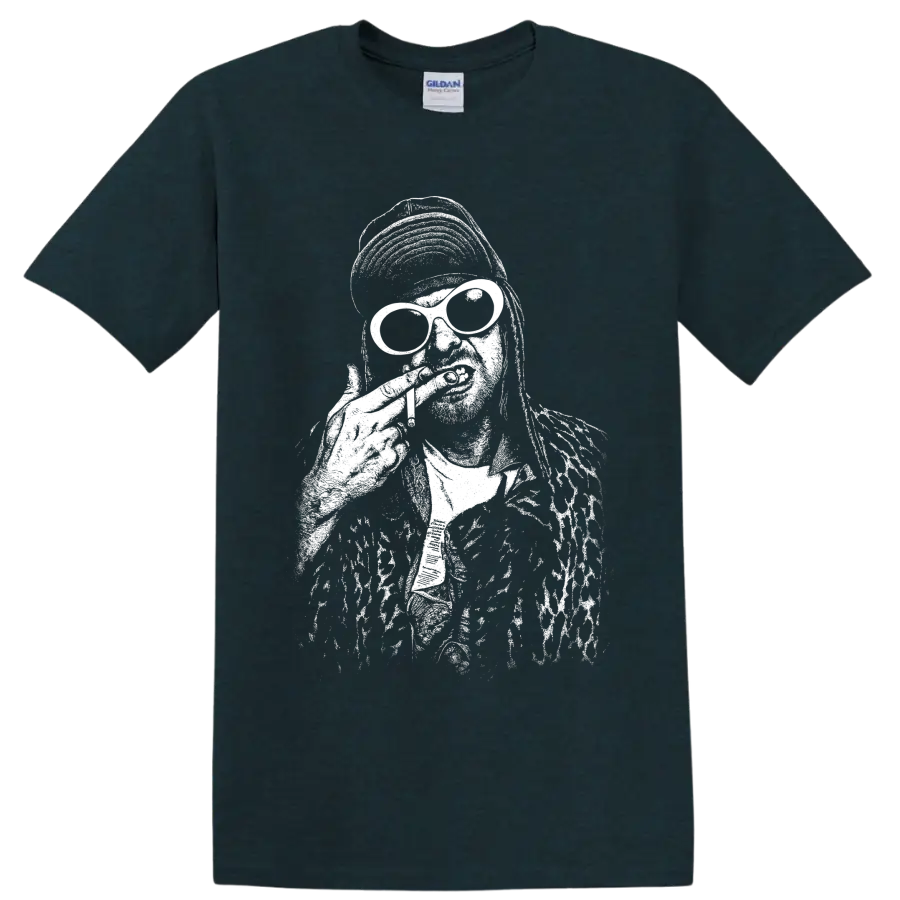 High-contrast Kurt Cobain Nirvana portrait in black-and-white grunge illustration on a Midnight (Green) T Shirt