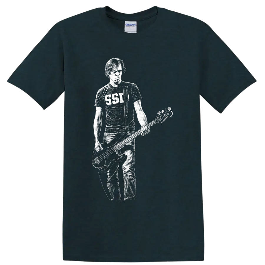 Krist Novoselic holding bass in a bold white minimalist grunge portrait on a Midnight (Green) T Shirt