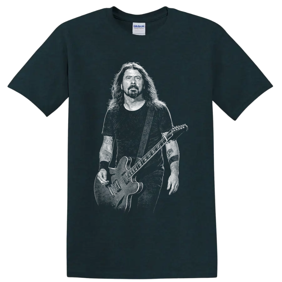 High-contrast Dave Grohl guitarist portrait silhouette graphic on a Midnight (Green) T Shirt