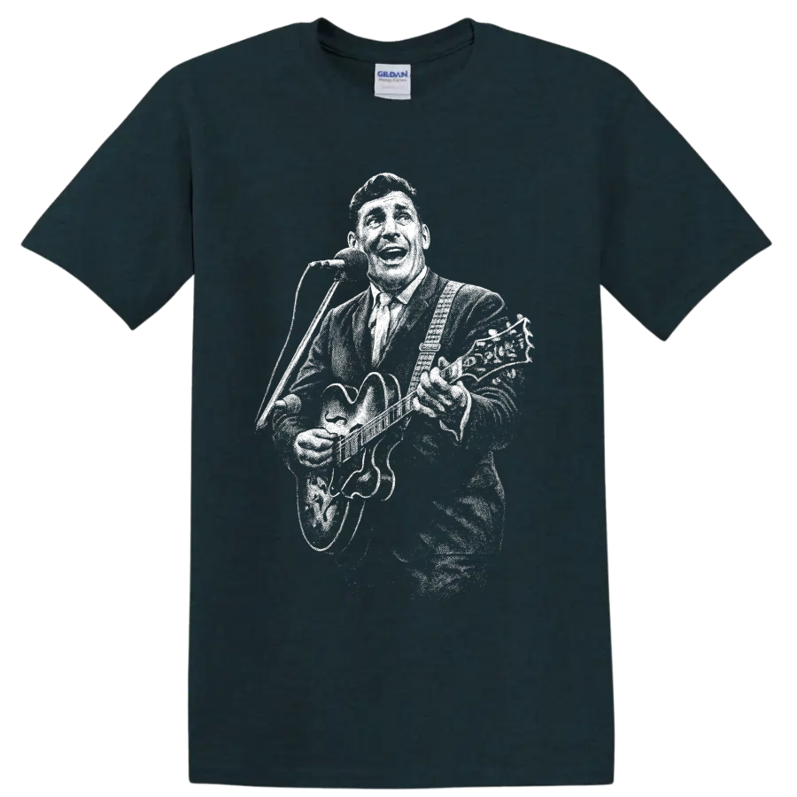 Carl Perkins high-contrast vintage-style rockabilly musician portrait graphic on a Midnight (Green) T Shirt