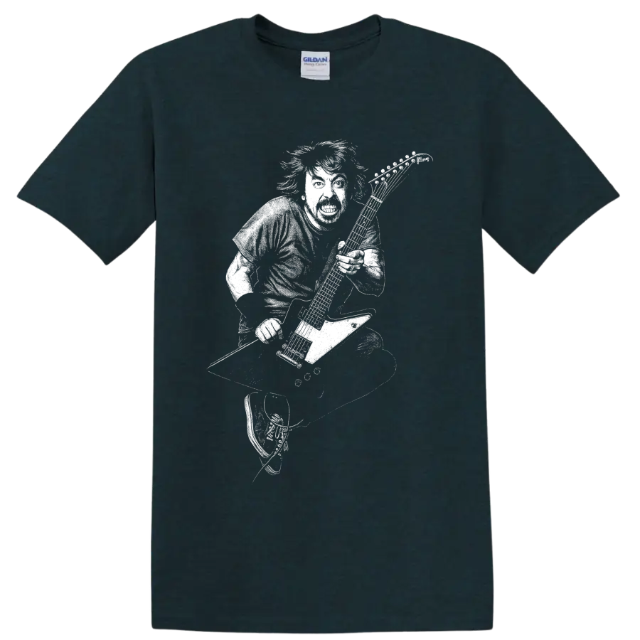 Dave Grohl guitarist silhouette with microphone in bold monochrome rock performance style on a Midnight (Green) T Shirt