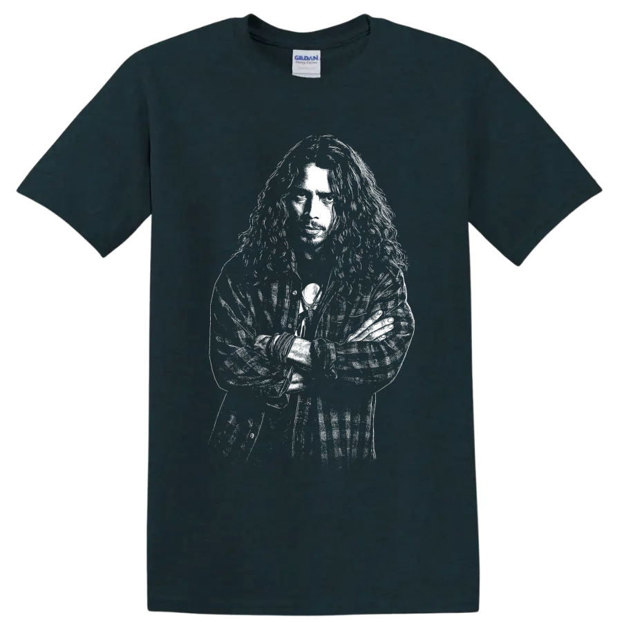 High-contrast Chris Cornell portrait in distressed grunge rock illustration style on a Midnight (Green) T Shirt