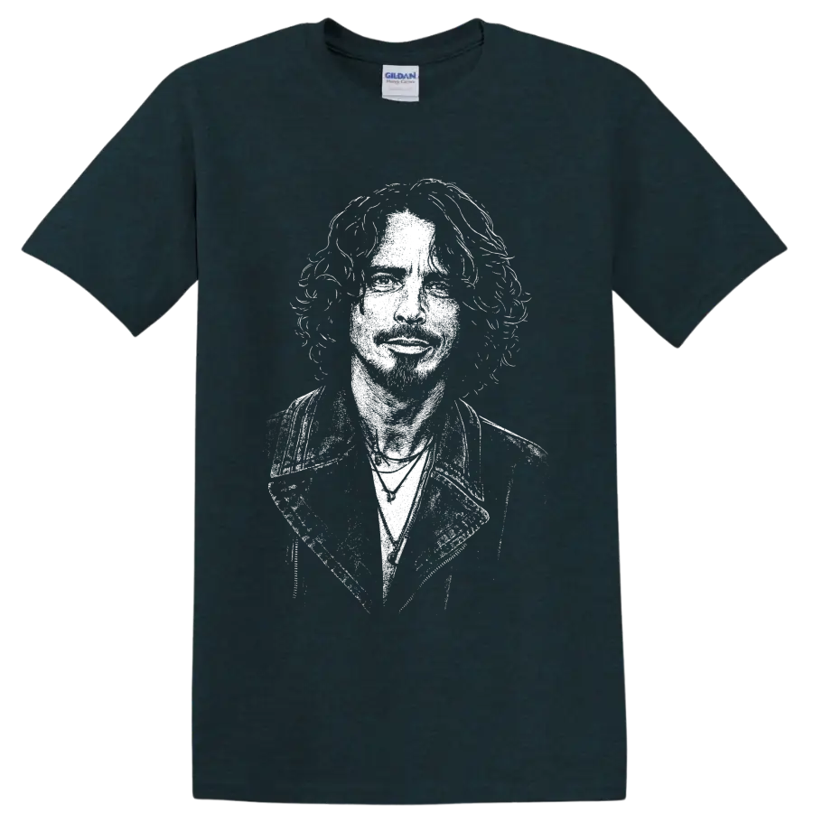 High-contrast Chris Cornell portrait in a bold monochrome grunge rock style on a Midnight (Green) T Shirt