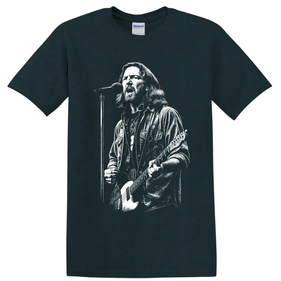 Monochrome Eddie Vedder guitar portrait in bold high-contrast rock illustration on a Midnight (Green) T Shirt