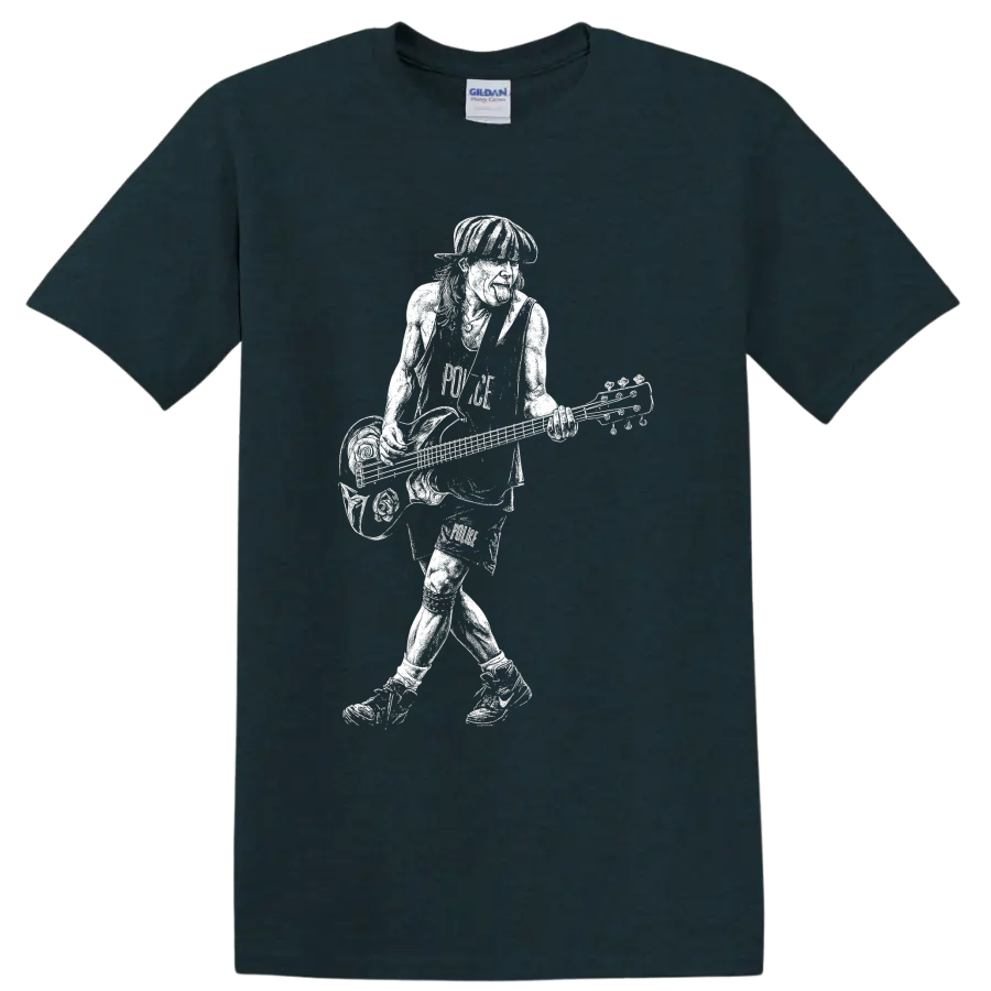Flea playing bass in a bold white musician silhouette graphic on a Midnight (Green) T Shirt