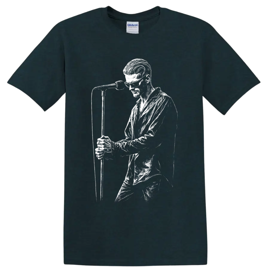 High-contrast Layne Staley Alice in Chains performance portrait in white graphic art on a Midnight (Green) T Shirt