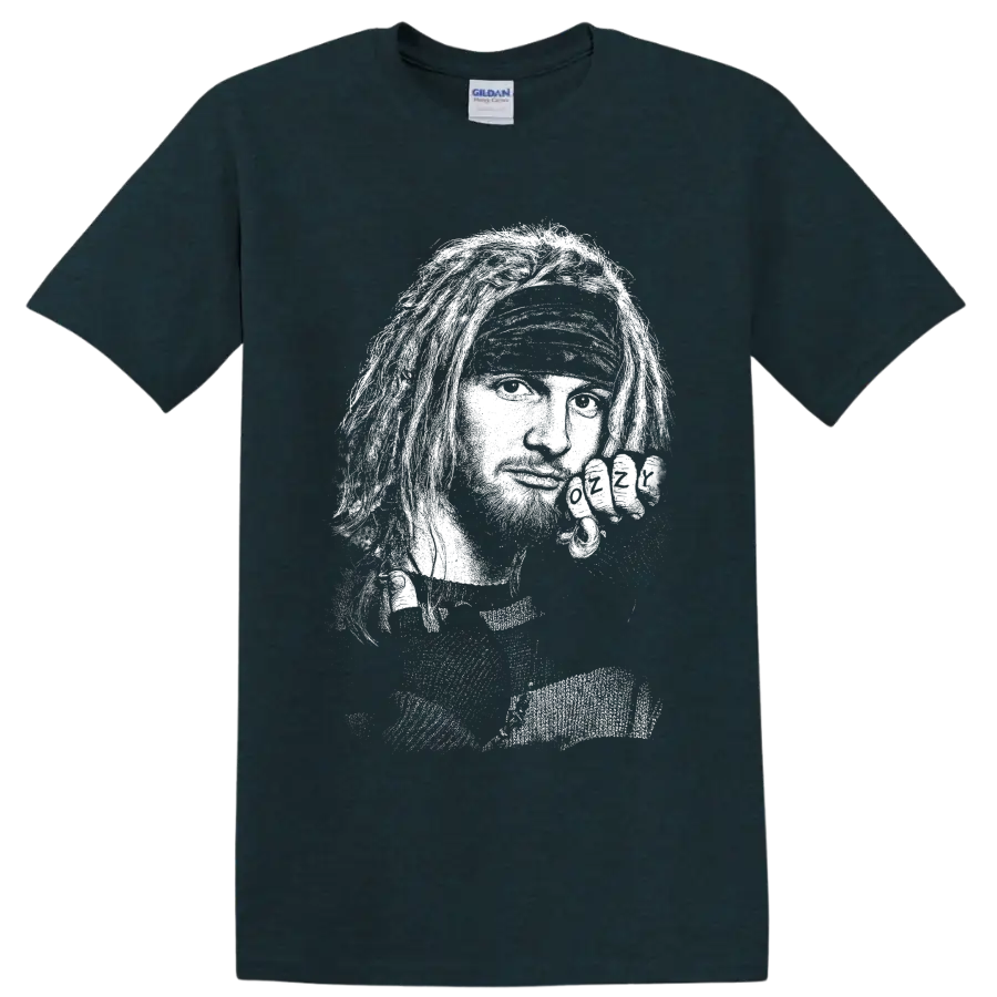 Layne Staley Alice In Chains high-contrast monochrome grunge portrait graphic on a Midnight (Green) T Shirt