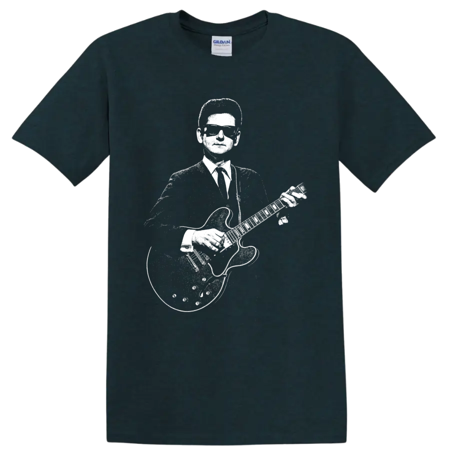 Roy Orbison-style high-contrast guitar portrait in vintage rock and roll graphic art on a Midnight (Green) T Shirt