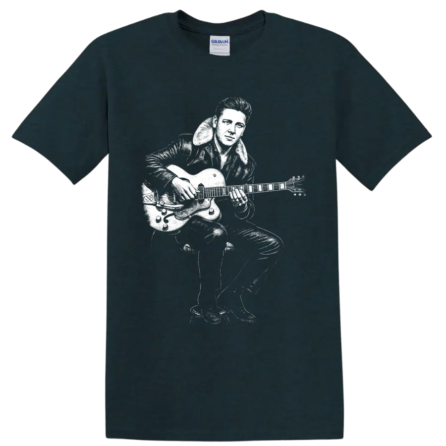 Eddie Cochran playing electric guitar in bold high-contrast rockabilly performance art on a Midnight (Green) T Shirt