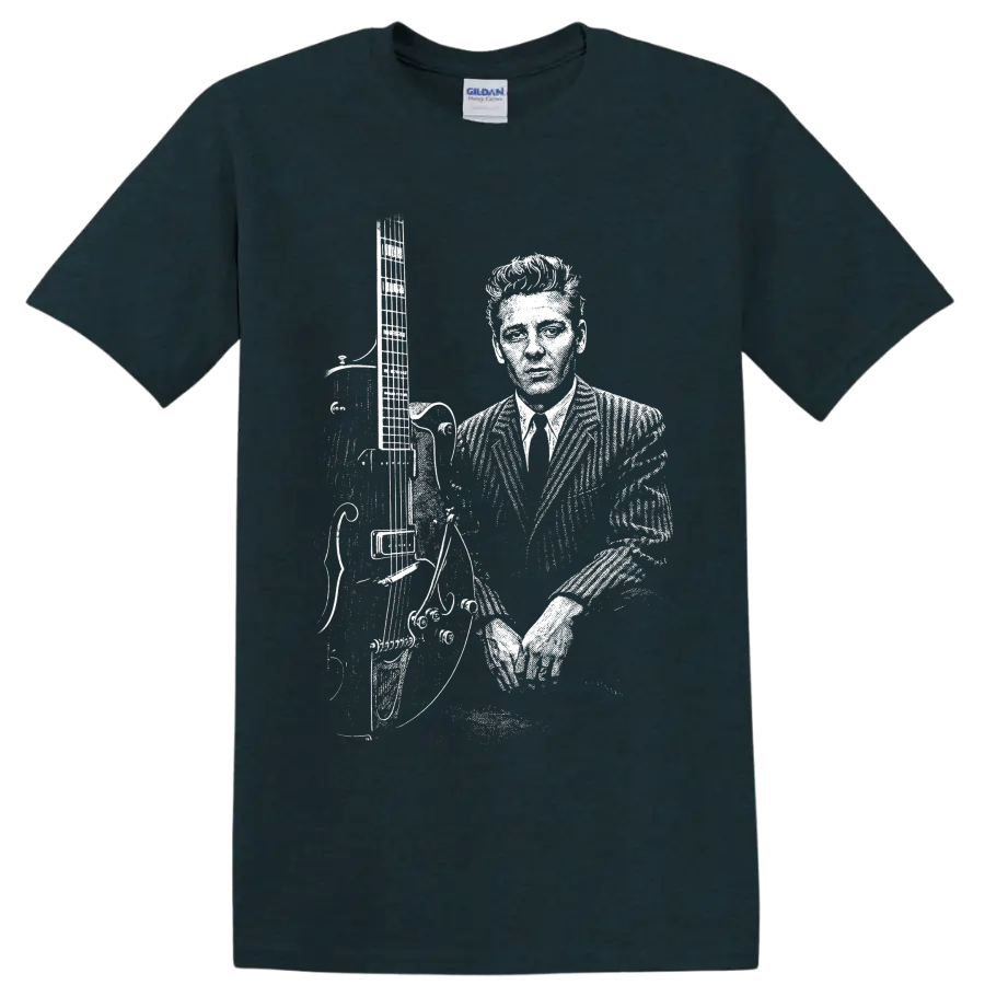 Eddie Cochran holding guitar in high-contrast vintage rockabilly performance portrait on a Midnight (Green) T Shirt