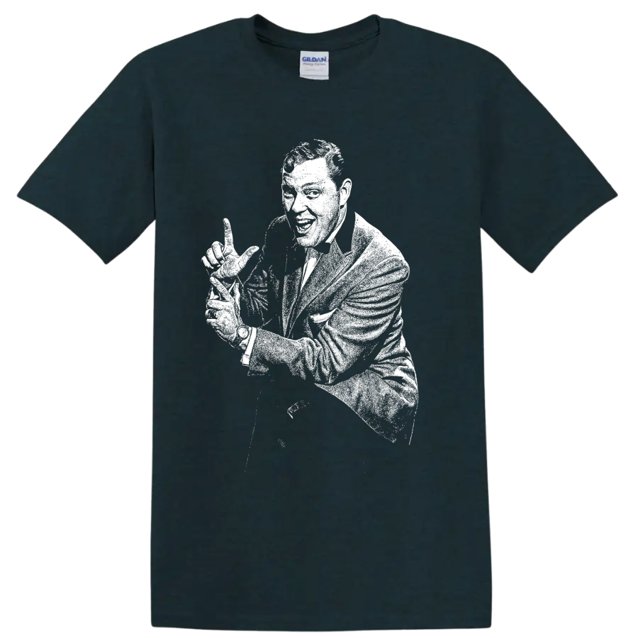 High-contrast vintage-style Bill Haley portrait with guitar on a Midnight (Green) T Shirt