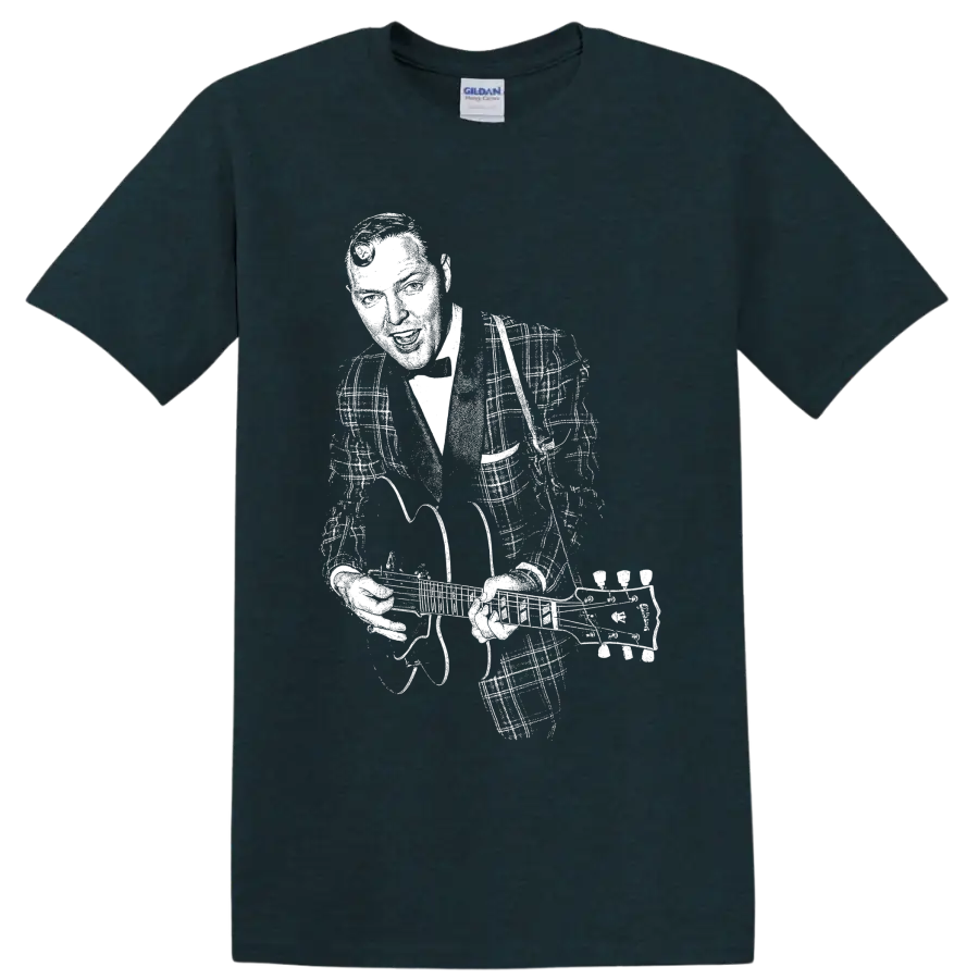 High-contrast vintage-style Bill Haley portrait with guitar on a Midnight (Green) T Shirt