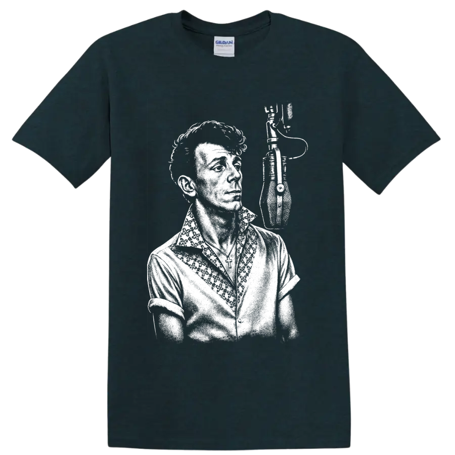 High-contrast Gene Vincent portrait in a bold vintage rockabilly style on a Midnight (Green) T Shirt