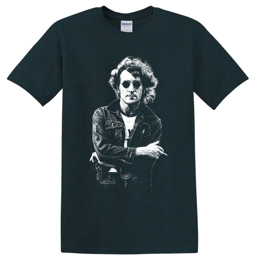 White John Lennon guitar portrait in bold stencil-style British rock artwork on a Midnight (Green) T Shirt