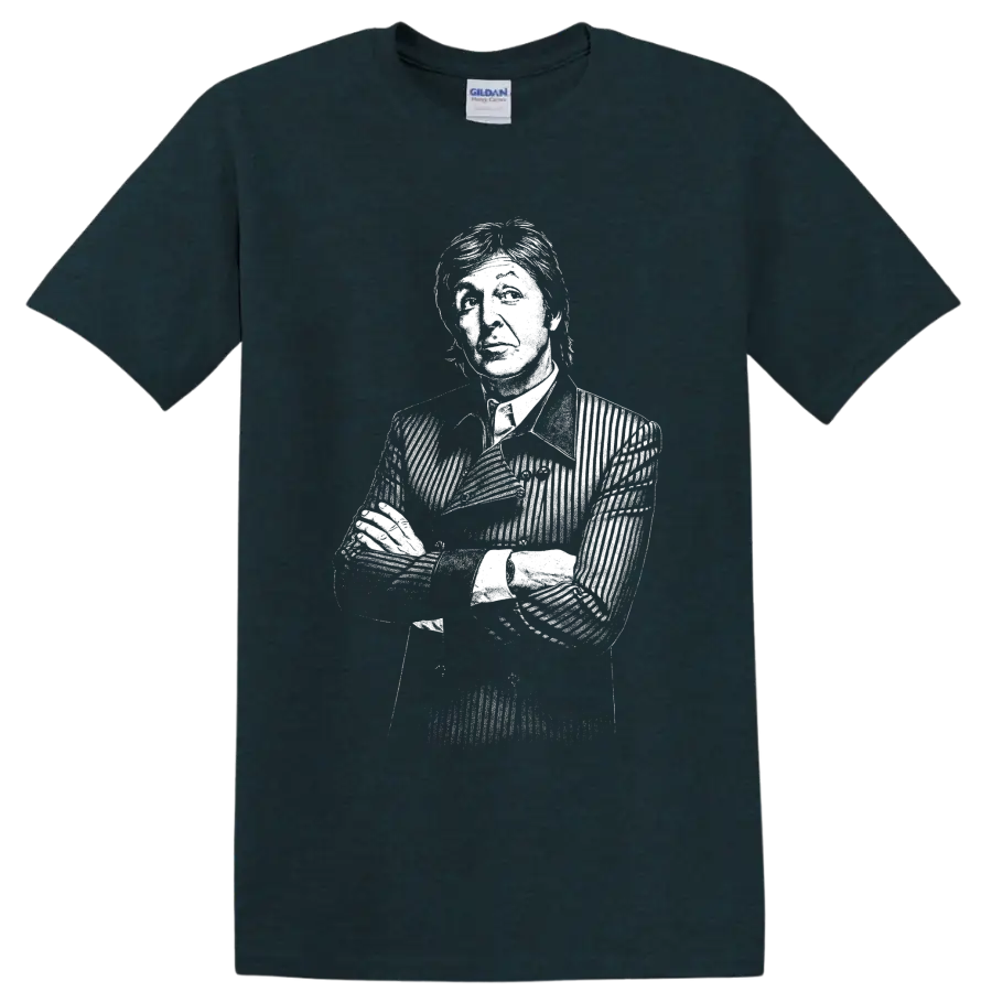 High-contrast monochrome portrait graphic of Paul McCartney of The Beatles on a Midnight (Green) T Shirt