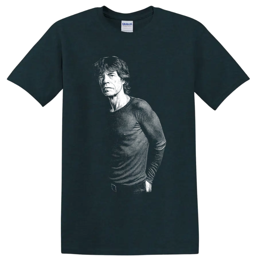 Mick Jagger black-and-white silhouette portrait in bold rock graphic style on a Midnight (Green) T Shirt