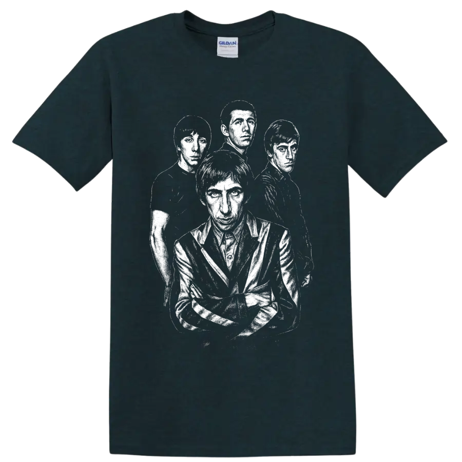 High-contrast four-member portrait of The Who in vintage British rock style on a Midnight (Green) T Shirt