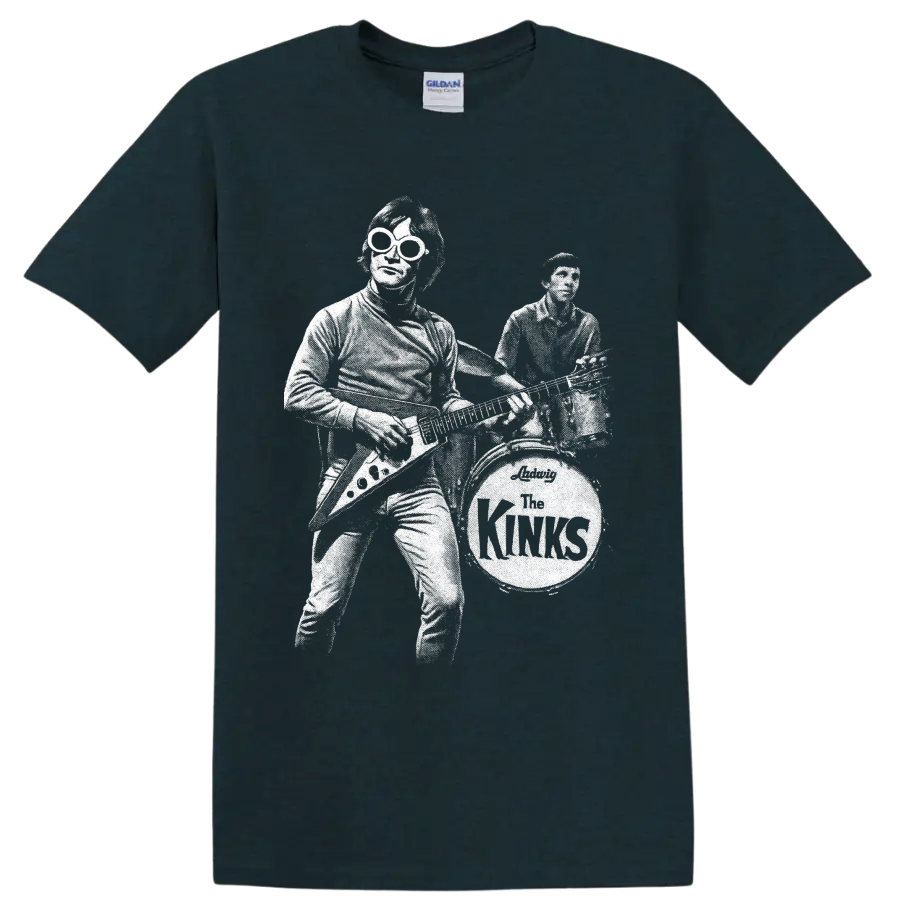 High-contrast white portrait graphic of The Kinks Dave Davies and Mick Avory on a Midnight (Green) T Shirt