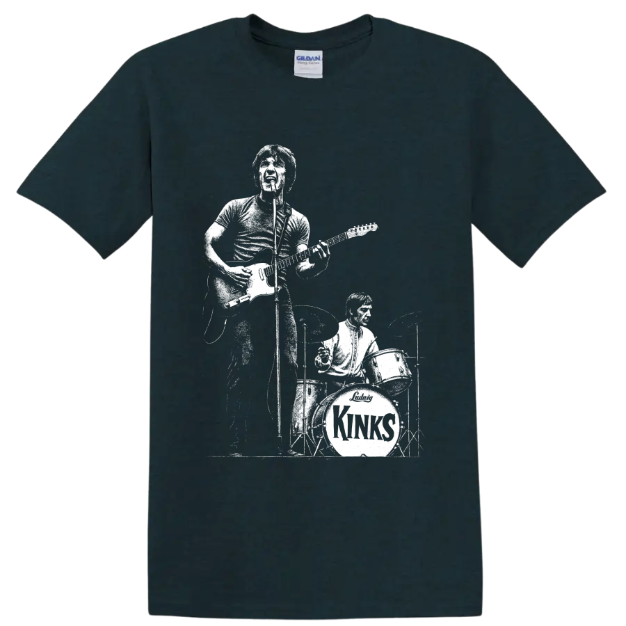 Monochrome The Kinks Ray Davies and Mick Avory guitar and drums performance graphic on a Midnight (Green) T Shirt