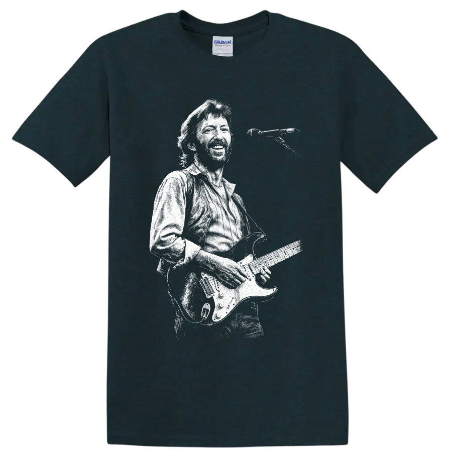 Eric Clapton guitarist silhouette with electric guitar in bold monochrome style on a Midnight (Green) T Shirt