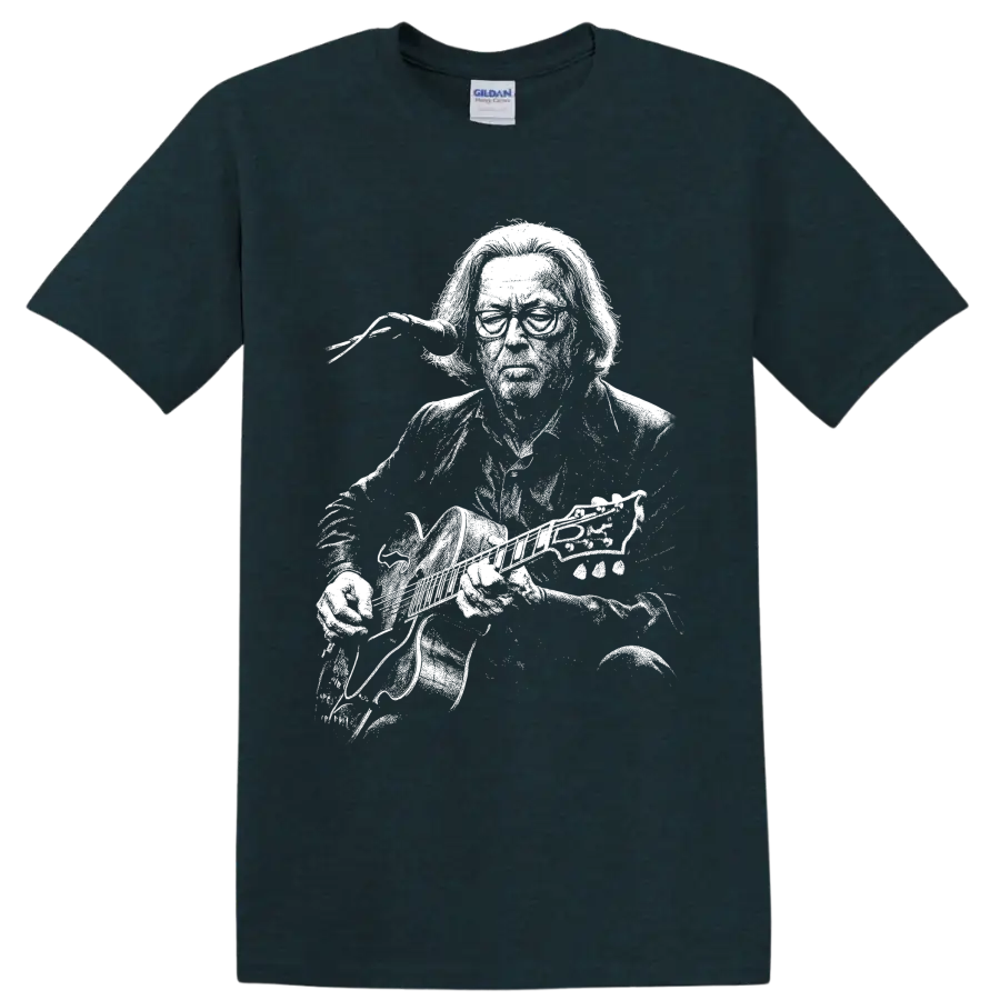 High-contrast Eric Clapton guitarist portrait with electric guitar on a Midnight (Green) T Shirt