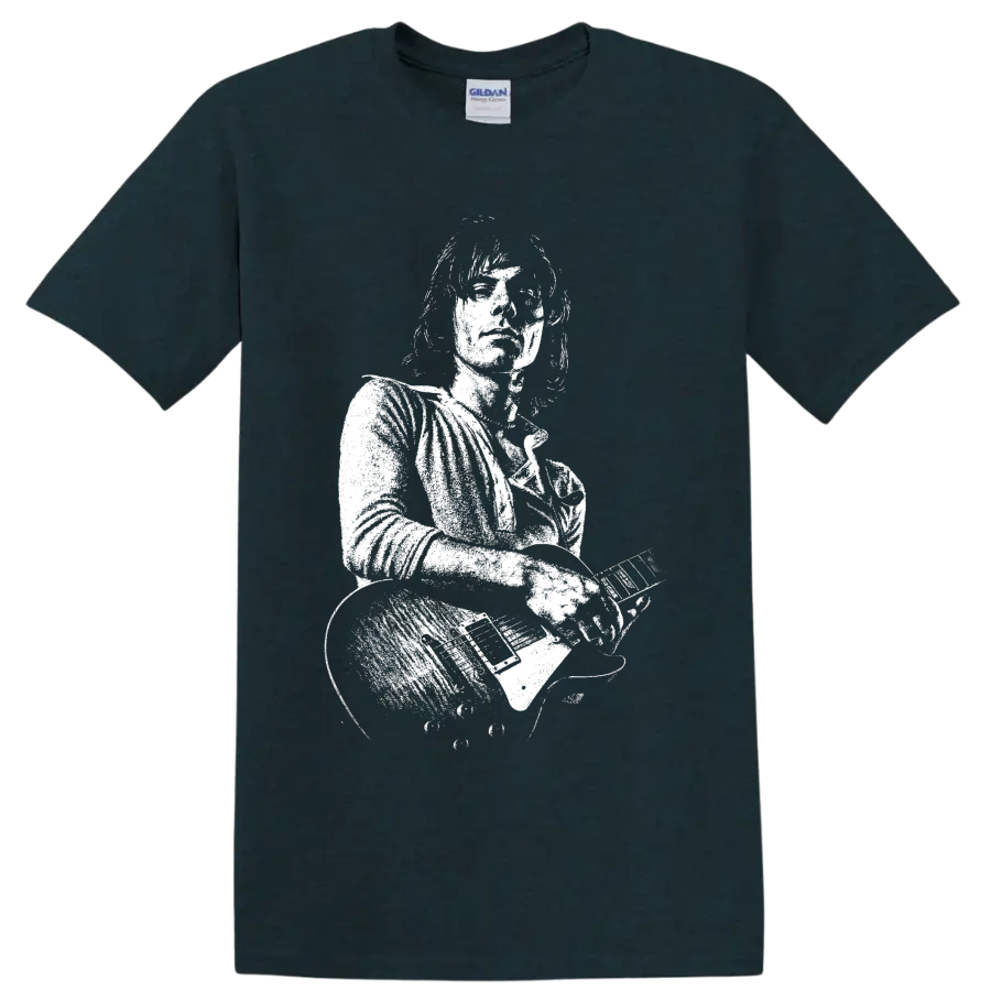 High-contrast Jeff Beck guitarist portrait with electric guitar in stencil-style art on a Midnight (Green) T Shirt
